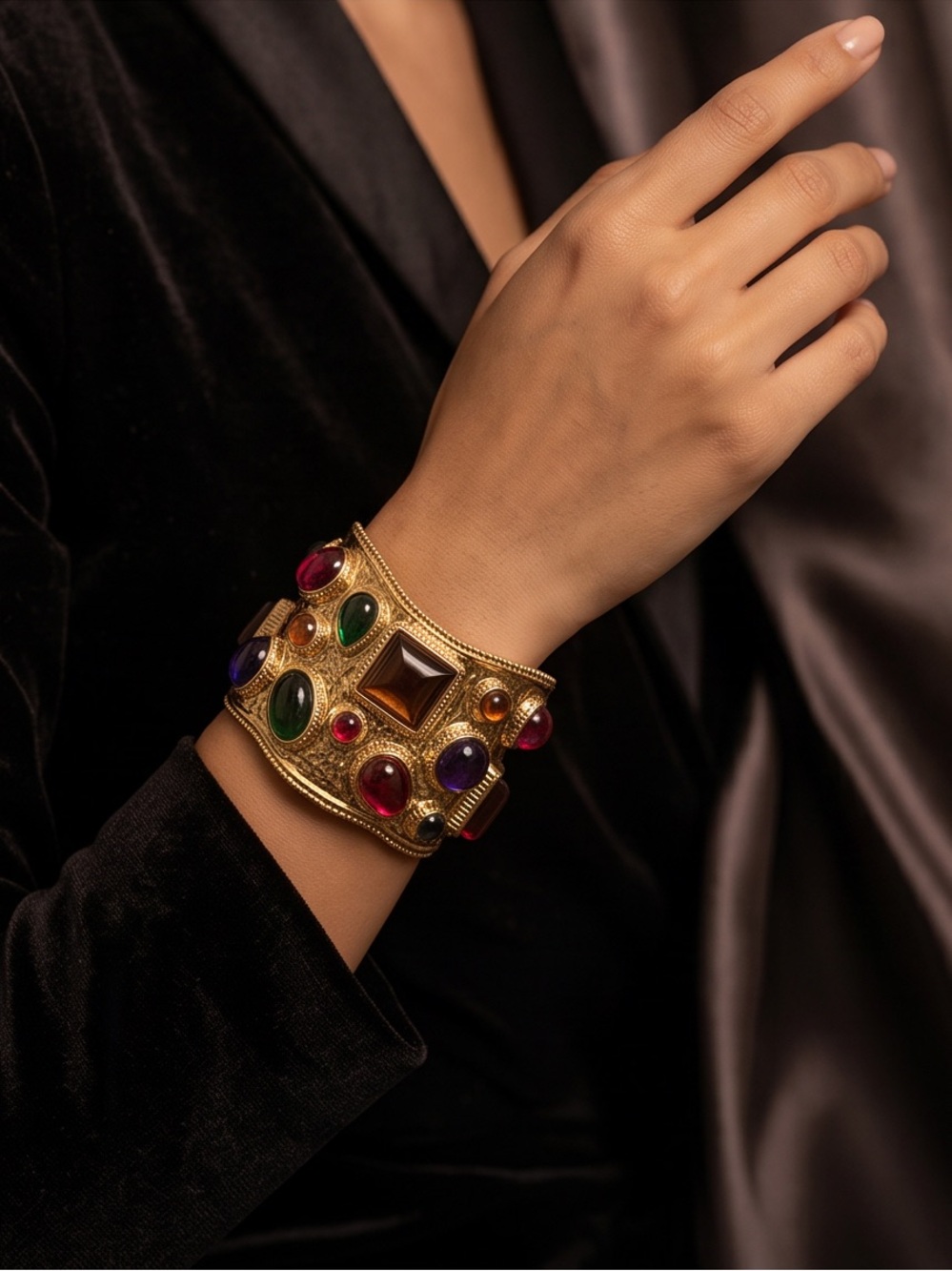 Gold Multicolor Gemstone Statement Cuff Bracelet - Picture 3 of 7